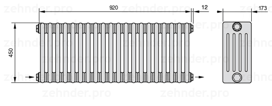 Схема (чертеж) Радиатор Zehnder Charleston 5045/20 №2670 Белый глянцевый RAL 9016
